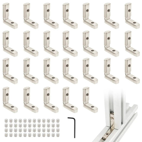 26Pcs 3030 Inside Corner Brackets Set With Screws And Wrench For 3030 Aluminum Extrusion, silver finish, arranged with connectors and tool