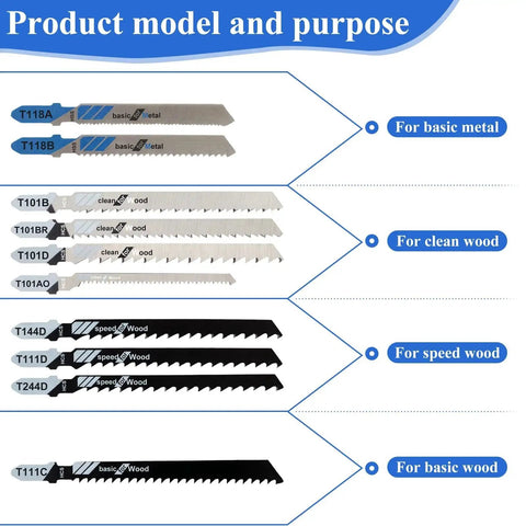 10 Piece Jigsaw Blades Set With T Shank For Wood Metal And Plastic Cutting, Assorted Models T118A T101B T244D T111C