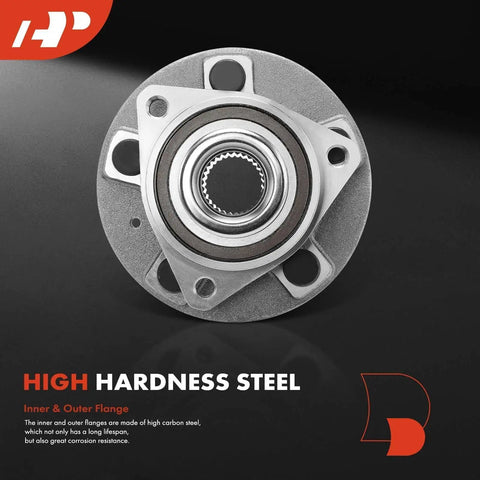 Close-up of a high hardness steel two front and rear wheel bearing and hub assemblies with bolts 5-lug compatible with Chevrolet GMC Buick Cadillac Saab models including Equinox Malibu Impala Terrain LaCrosse Regal Allure CTS 9-5.