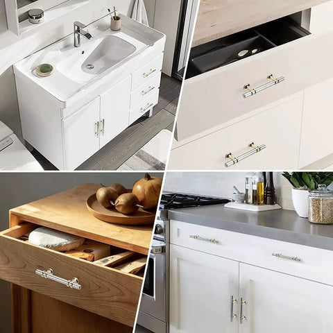 Collage of 10 Pack Brushed Nickel And Gold Cabinet Pulls for kitchens and furniture, installed on drawers and cabinets