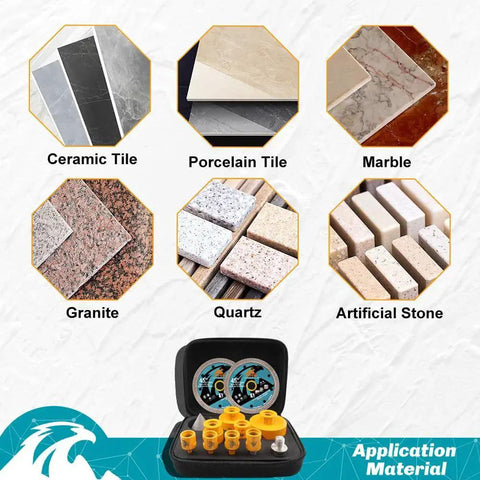 All In One Diamond Tile Hole Saw Kit For Porcelain Marble With 12 Piece Core Drill Bit Set displayed with tile samples