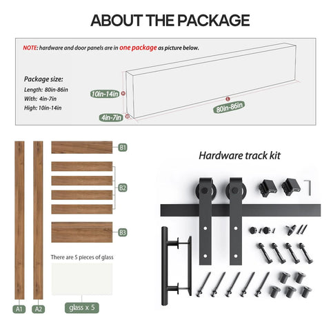 32 By 84 Inch Frosted Glass Barn Door With 5-Panel Design, Waterproof And Scratch-Resistant Surface, Pre-Drilled Holes, Includes 5.5 Ft Hardware Kit And Handle, No-Fuss, Ready-To-Assemble Sliding Door For Modern Home
