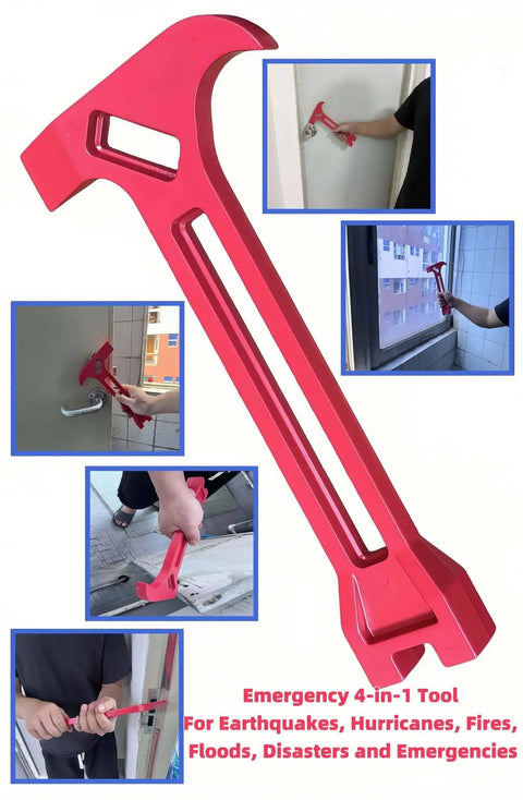 Red 4 In 1 Emergency Tool Gas And Water Shut Off Wrench For Earthquakes Hurricanes Fires Floods Disasters Prepper Ready with pry bar, debris dig features.