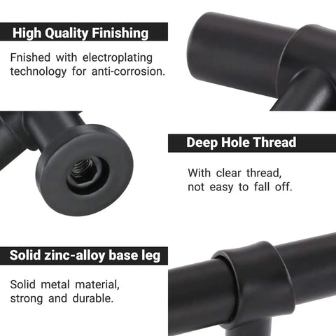 Close-up view of 5 Pack Black Cabinet Knobs And Drawer Pulls, T Bar Dresser Handles, showing high quality finishing and deep hole thread.