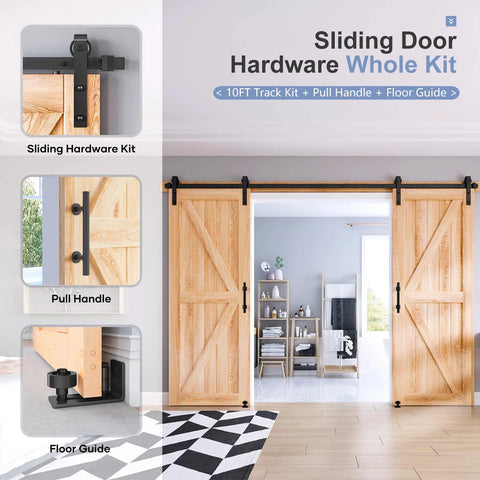 10 ft sliding barn door hardware kit with black ball bearing rollers and accessories, shown with wooden double doors in a home setting.