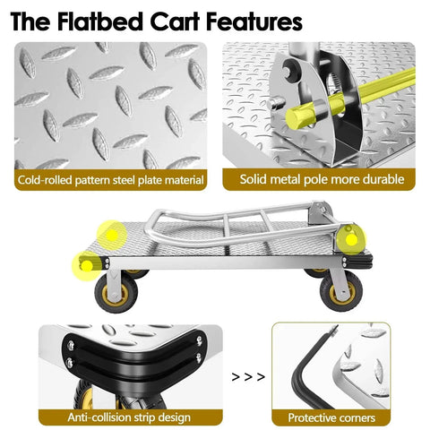 Heavy Duty Platform Truck With 2200 Lbs Capacity Foldable Moving Flatbed Cart features steel plate material and swivel wheels