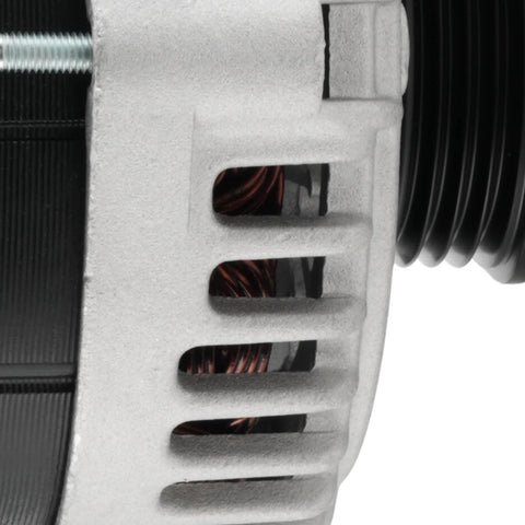 Close-up of 90 Amp Alternator For Hyundai Accent 2006 Through 2009 GLS, Rio, Rio5, Tucson 2.0L, Sportage 2.0L with 4 groove pulley