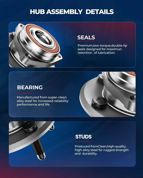 Hub assembly details with seals, super-clean alloy bearings, high-alloy studs for Pair Front Wheel Hub and Bearing Assembly for 1997-2006 Buick Pontiac Oldsmobile and Chevy Models (5-Lug w/ABS) Direct Fit Replacement 513121 513179 12429204 7470017
