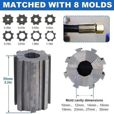 Portable Hydraulic Hose Crimping Tool Kit With 8 Die Sets showing mold sizes and dimensions for hose fittings.