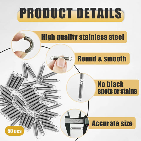 Extension springs, 50 pcs, stainless steel with hook ends, 1/4 x 1-1/2 in, for various applications