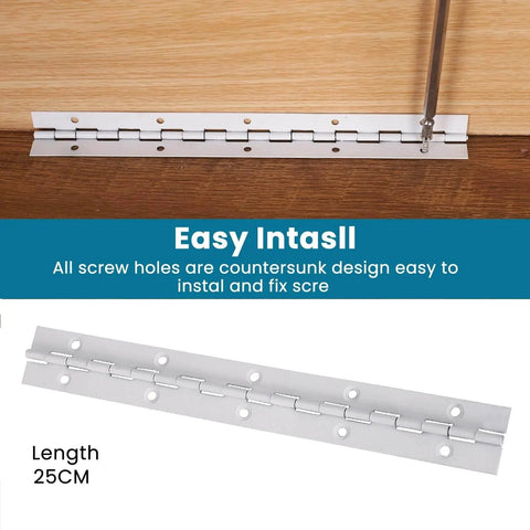 White Stainless Steel 10-Inch Heavy-Duty Piano Hinge Continuous Style With 1.2-Inch Open Width, easy to install, showing screw holes.