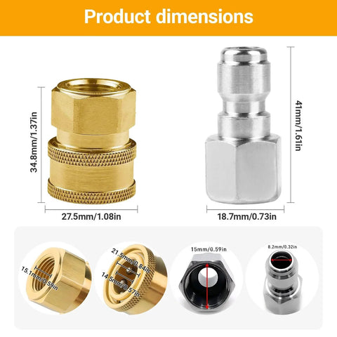 8 Pack Three Eighths Inch Stainless Steel Pressure Washer Quick Connect Fittings Set Internal Thread Adapters NPT Male And Female Up To 5000 PSI dimensions view