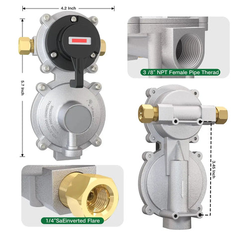 Dimensions and connections of 2 Stage Automatic Changeover Dual Tank Propane Gas Regulator For RV With Two 18 Inch RV Pigtail Hoses Braided QCC1 One Quarter Inch Inverted Male Flare CSA Certified Propane Regulator For Camper Trailer.