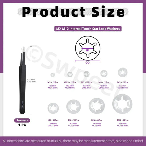 Product size and details of 236 Piece 304 Stainless Steel E Clips And Internal Tooth Lock Washers Kit With Tweezers For Gear Repair