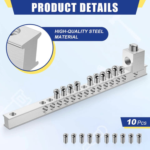 Two Set Ground Bar Kit With Ten Terminal Positions And Aluminum Ground Lug Bar For Electrical Connections, Heavy Duty Grounding Lugs For Quick Easy Distribution Board Installations