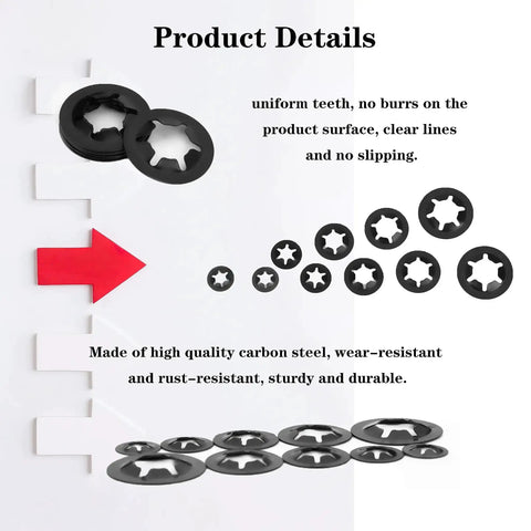 Internal Tooth Starlock Locking Washers Set 340 Pcs Including Push On Speed Clips Fasteners Assortment Kit displayed