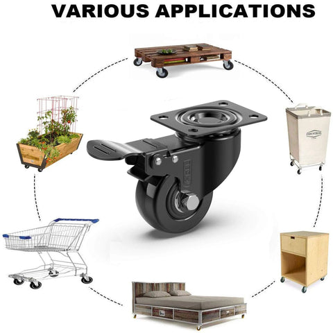 Heavy Duty Caster Wheels With Brakes And Screws Set Of 4 Each Up To 440 Lbs Capacity shown with various applications for furniture and equipment