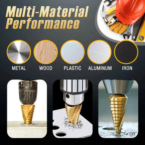 Five Piece Titanium Step Drill Bit Set With Fifty Sizes From Three Sixteenth Inch To One And Three Eighths Inch For Metal Aluminum Wood And Plastic HSS Step Bit With Titanium Coating And Two Spiral Grooved For Electricians And DIY Projects image showing drill bits used on various materials.