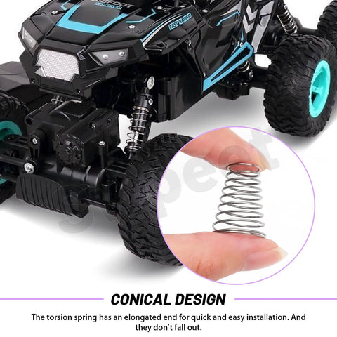 Conical stainless steel torsion springs for RC cars; close-up of a finger-held tapered spring with a black RC truck.