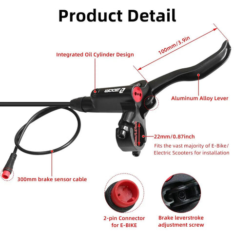 Z00M HB875E eBike hydraulic disc brake set with aluminum lever and integrated oil cylinder.
