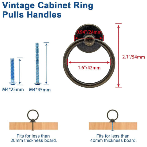 Six Pack Antique Bronze Ring Pull Handles For Dresser Drawers Cabinets And Cupboards, size and screw options displayed.