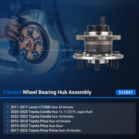 Rear Wheel Bearing And Hub Assembly For Toyota Corolla 2020 To 2022 Prius 2016 To 2022 And Lexus CT200h 2011 To 2017 5 Lug With ABS Direct Fit Replacement Wheel Hub Bearing Kit displayed in packaging.