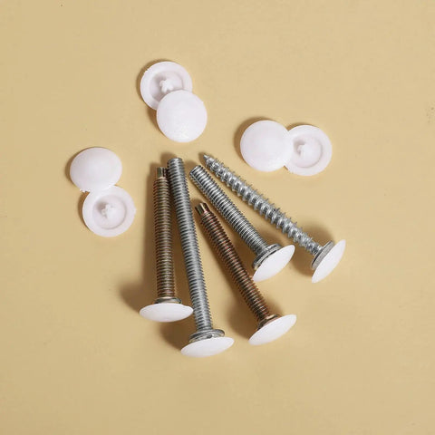 150 Pieces White Waterproof Self Tapping Screw Cap Covers, 12mm diameter, with screws on beige background