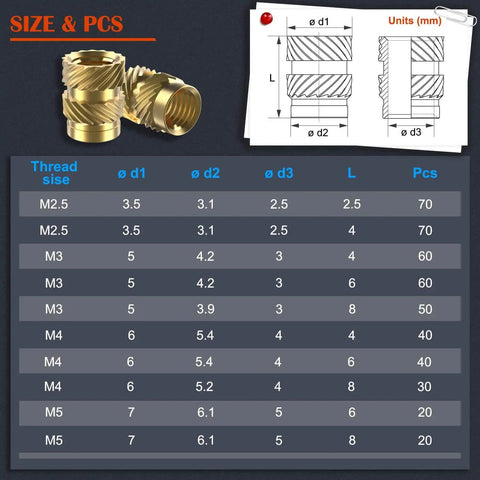 460 Piece Brass Heat Set Threaded Inserts Kit For Plastic And 3D Printing M2.5 to M6 with size chart and diagram