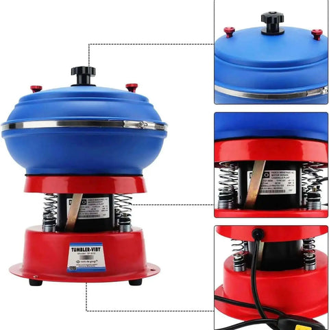Vibration Drum Polisher Kit For Metal Parts Gemstones Jade Auto Parts And Jewelry High Frequency Tumble Polisher with red and blue components