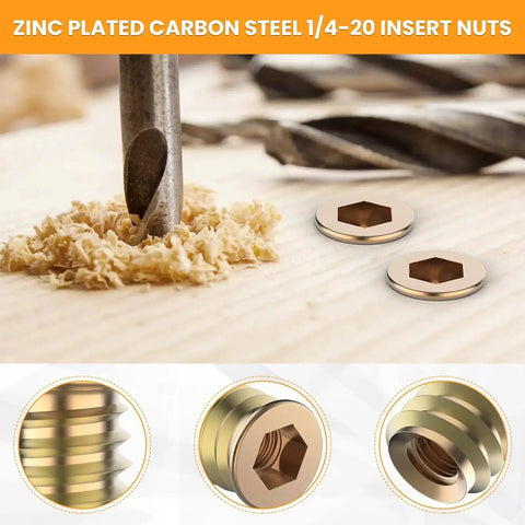 50 Sets 1/4-20 X 19/32 Inch Threaded Inserts And Bolts For Wood Hex Socket Drive Furniture, drilling into wood surface