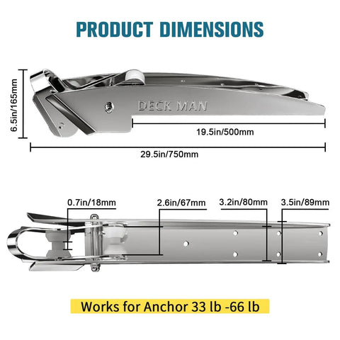 Deck Man bow anchor roller, 316 stainless steel marine grade, hinged self-launching for 33–66 lb Delta anchors, side view.