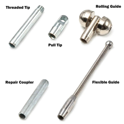 Components of Workhorse Half Inch 1000 Foot Fiberglass Duct Rodder Kit with extra tips including threaded tip, pull tip, rolling guide, repair coupler, flexible guide.