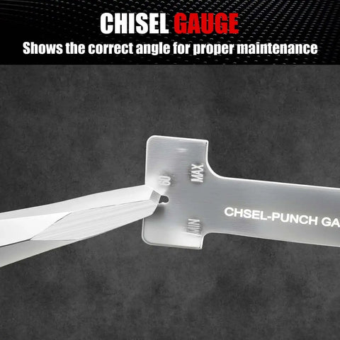 Pro Grade 16 Piece Punch And Chisel Set For Mechanic And Metalworking with Chisel Gauge showing angle for maintenance.