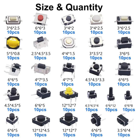 260Pcs Micro Momentary Tactile Push Button Switch Kit with 26 values and multiple pin options shown in various sizes and quantities