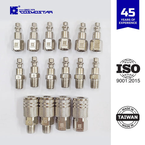Cosmostar 16-piece metal air fittings set with 1/4 in NPT quick-connects and swivel plugs