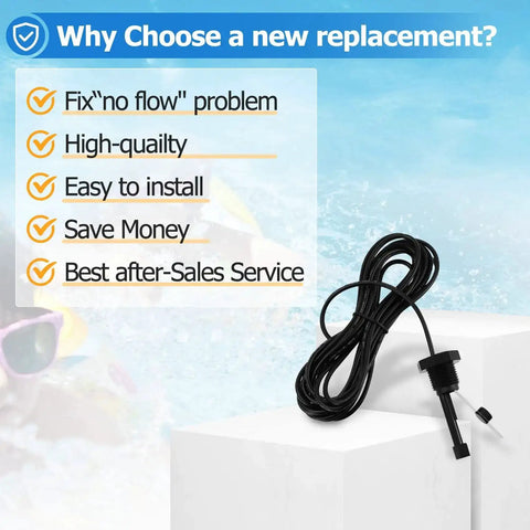 GLX-FLO-RP Flow Switch Assembly cord and sensor against pool background