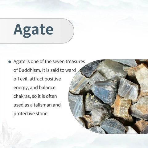 Agate stones with text explaining their use in balancing chakras and protection in Buddhism.