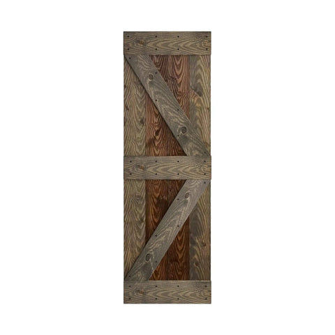 Front view of Embossed Bi Fold Barn Door With Sliding Hardware Kit In Dark Walnut Aged Barrel Finish, 3D Texture Pine Wood Surface.