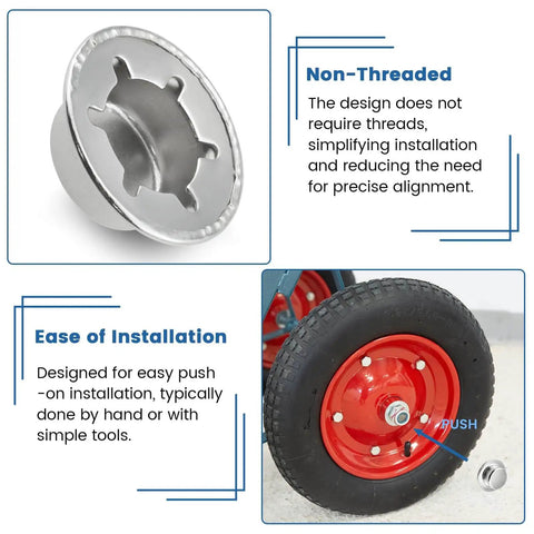 Heavy Duty Push Nut Cap Set For Five Eighths Inch Axles, Built Tough With Spring Steel Permanent Washer Caps, installed on wheel