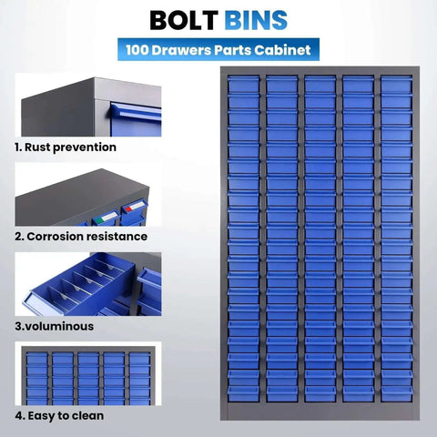 Front view of 100 Drawer Parts Cabinet For Tools And Hardware Organization With Alloy Steel Frame And ABS Drawers In Silver And Blue Finish