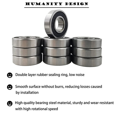 R8-2RS ball bearing set, double rubber-sealed steel, 1/2 in bore, 1-1/8 in OD, 5/16 in wide; 10 pcs