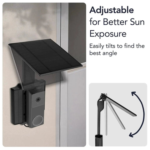 Doorbell Solar Charger With Built In Battery mounted outdoors, showing 120° adjustable solar panels for Arlo Wyze and Eufy wireless doorbells.
