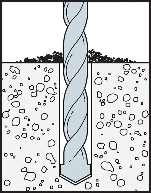 Illustration of a drill in concrete, preparing for Sleeve-All 3/8 In X 2-3/4 In Phillips Flat-Head Sleeve Anchor installation.