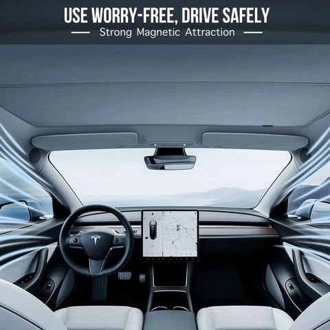 Interior with installed Model Y Glass Roof Sunshade With Magnetic Foldable UV Block For Cooling, shown from the front view.