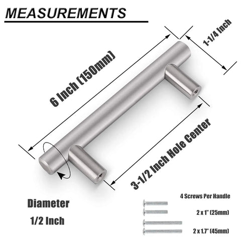 30 Pack Brushed Nickel Stainless Steel Kitchen Cabinet Handles T Bar Pulls Three And A Half Inch Center To Center Six Inch Overall Length