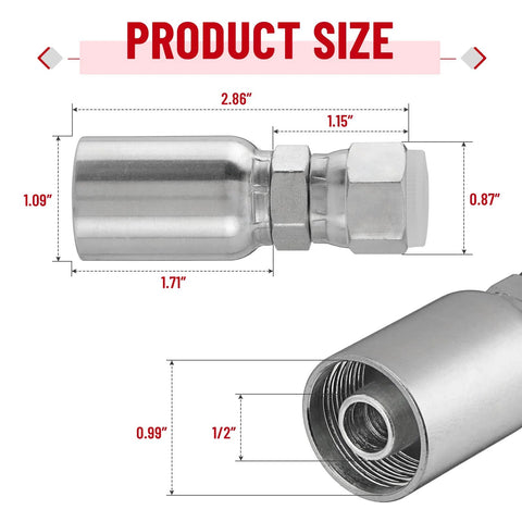 Racewill hydraulic hose end fitting, 1/2 in ID to 1/2 in JIC 37° female, swivel crimp with protection cover, silver metal