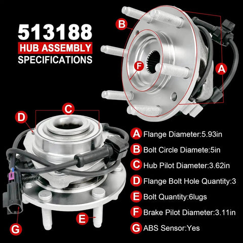 Pair 513188 Front Wheel Bearing Hub Assembly With ABS 6-Lug Drop-In Fit For Buick Rainier 04-07, Chevy Trailblazer Ext 03-06
