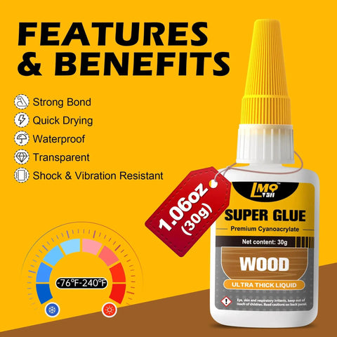 Fast Dry Wood Glue and Instant CA Adhesive for Wood Repair and Crafts, 1.06oz bottle, features and benefits displayed