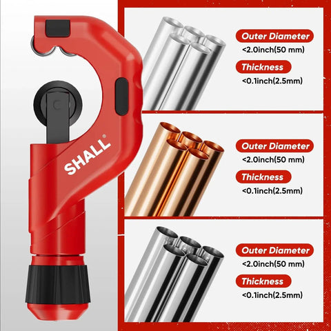 Pro Grade Heavy Duty 4-Piece Tubing Cutter Set For Copper Aluminum Stainless Steel And PVC From One Quarter To Two Inch Outside Diameter Plus A Mini Cutter For One Eighth To Seven Eighths Inch OD With Deburring Tool And Pipe Reamer pictured with sample metal tubing