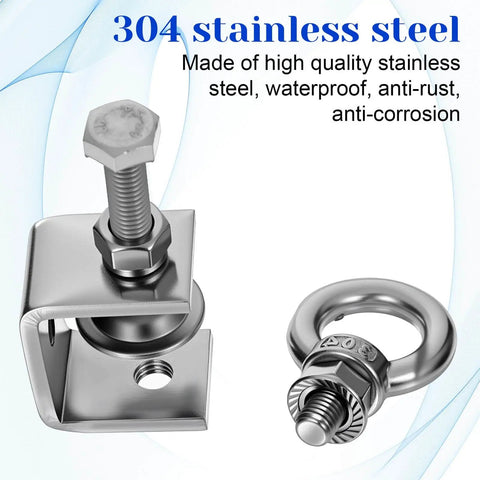 Six Pack Stainless Steel C Clamps With 4.72 Inch Beam Depth And M8 Screw Ring, shown with I-beam design and bolt features.